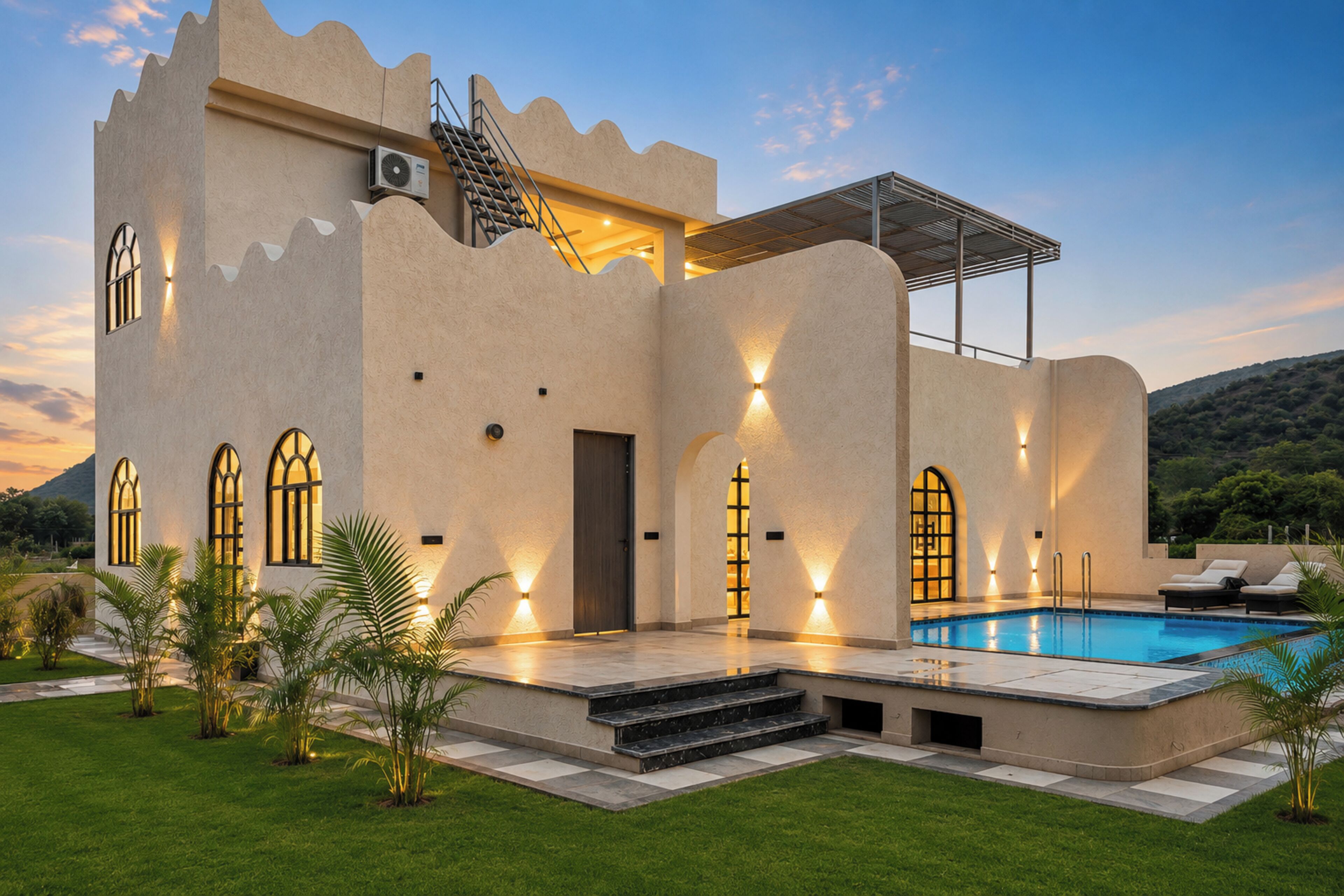 A modern building with a pool, outdoor seating, and a staircase leading to the entrance.
