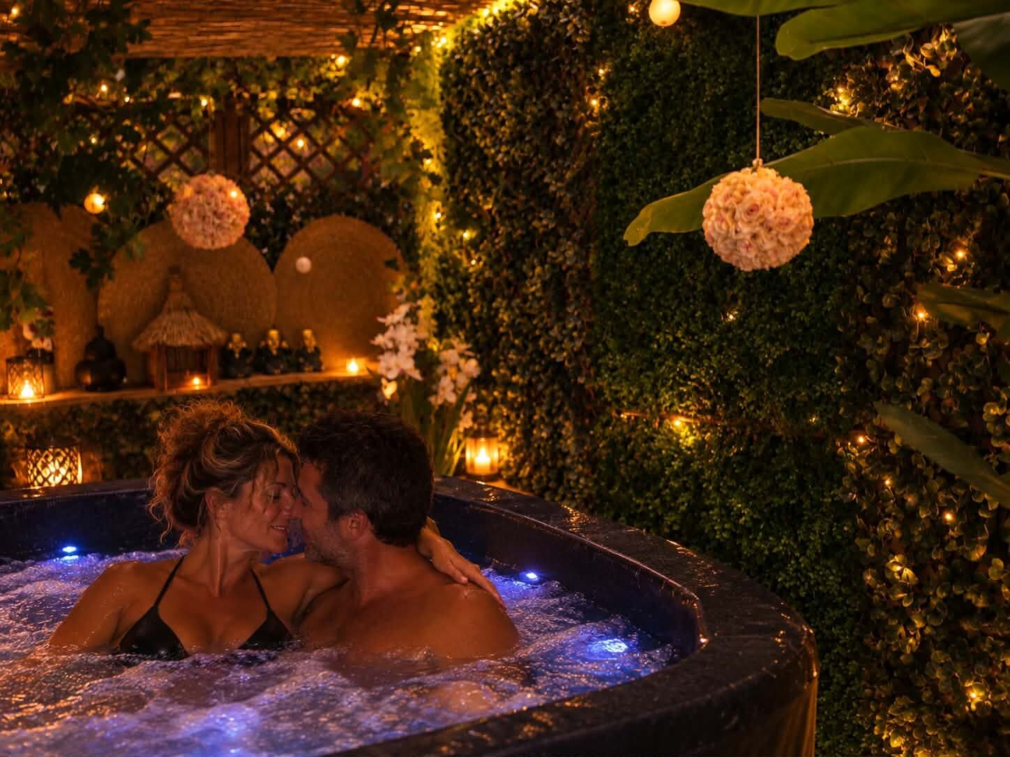 A couple in a hot tub with a decorative wall and hanging lights in the background.