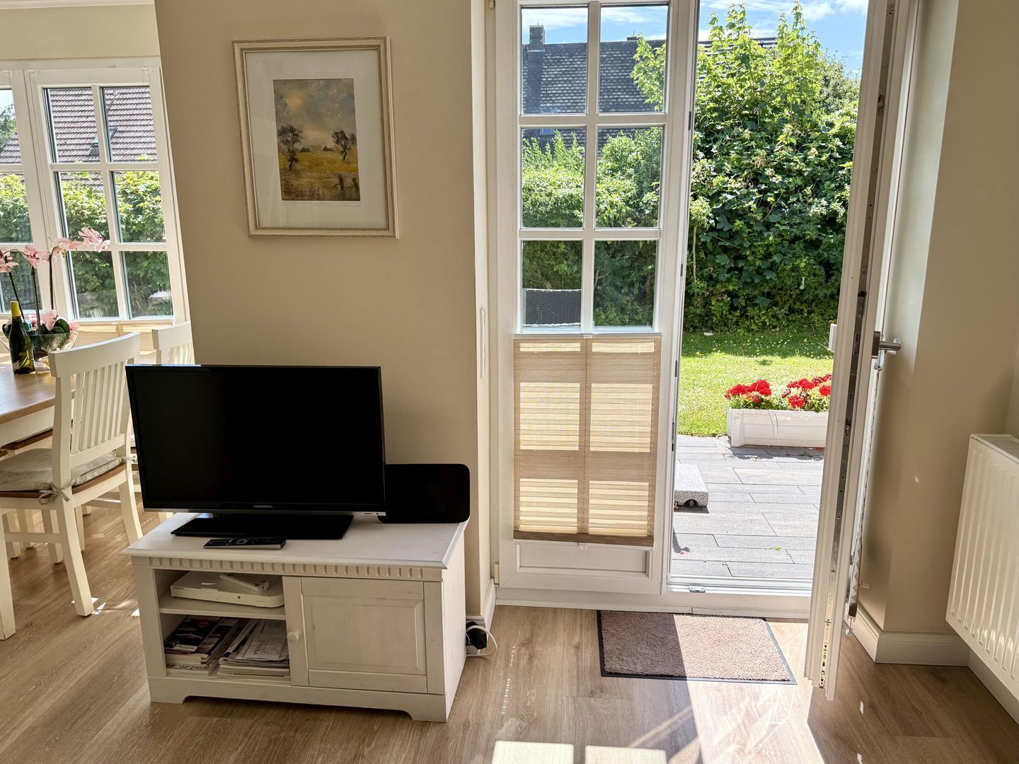 A room with a television on a white cabinet, a door leading to an outdoor area with a garden, and a framed picture on the wall.