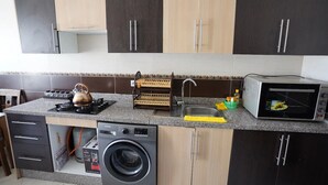 Uma cozinha com fogão a gás, micro-ondas, máquina de lavar e pia.