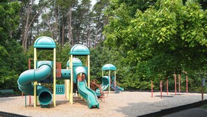 A playground with multiple slides and climbing structures surrounded by trees.