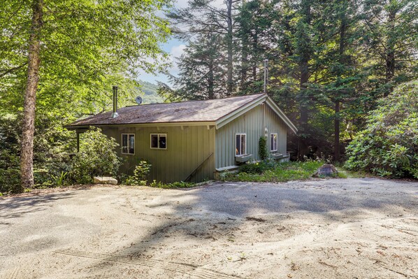 Una cabana petita d'un pis amb teulada inclinada, envoltada per un bosc dens.