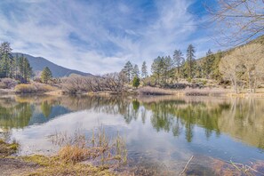 Un lac paisible dont les eaux reflètent les arbres et, au loin, une chaîne de montagnes.
