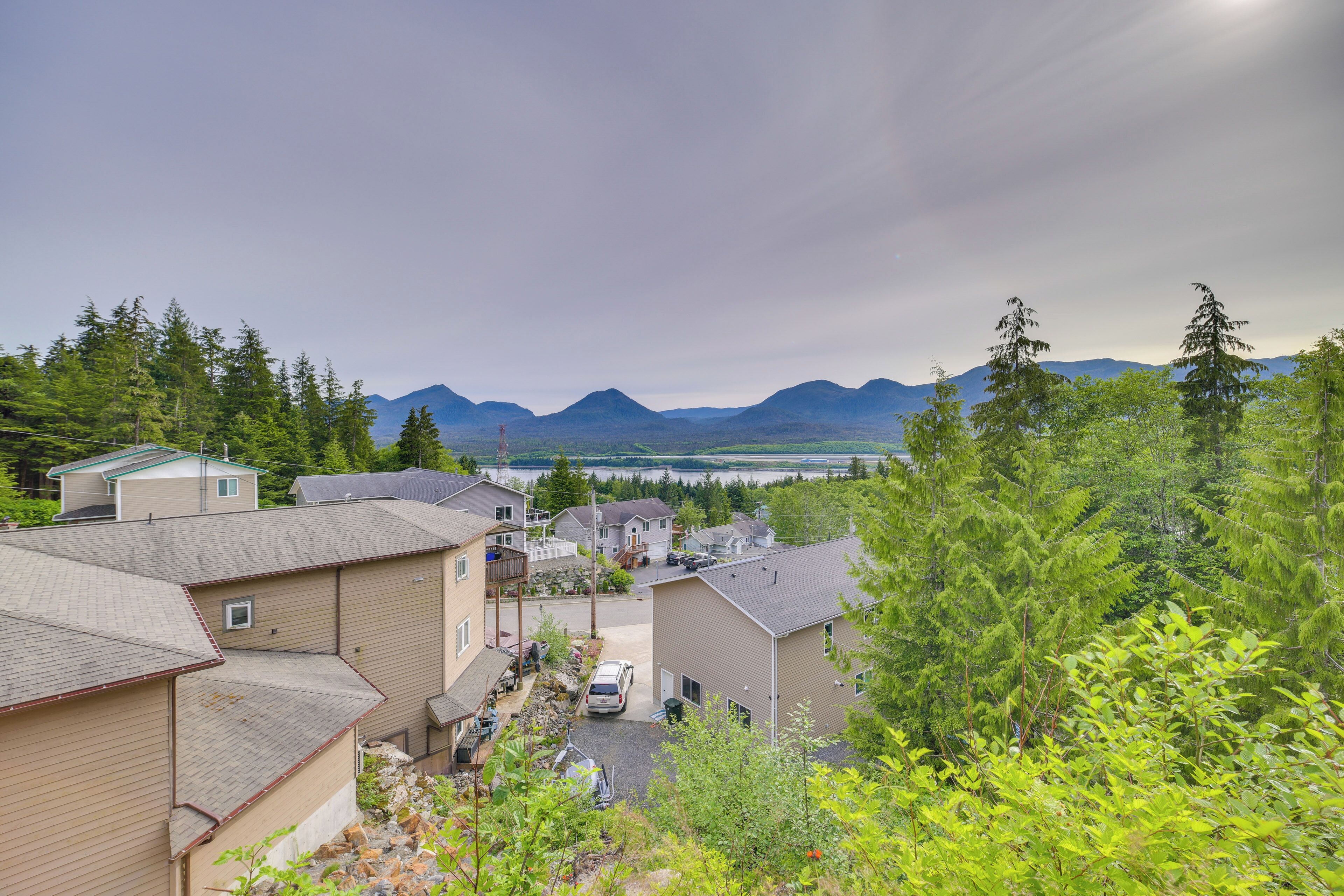 Un quartier résidentiel avec des maisons, une allée et une vue sur la montagne.