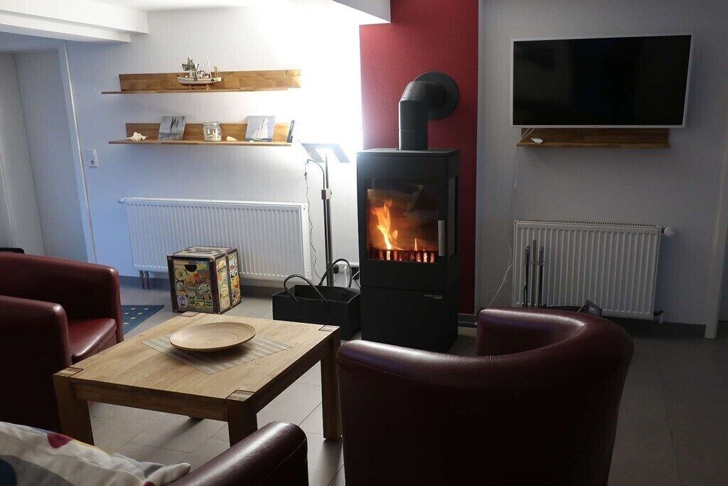 Smart TV, fireplace, DVD player, books