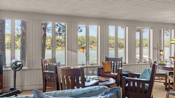 A room with a large window overlooking a body of water, wooden furniture, and a fan.