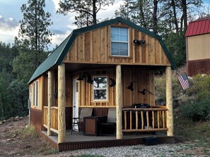 A wooden cabin with a porch, a door, and a small deck area.