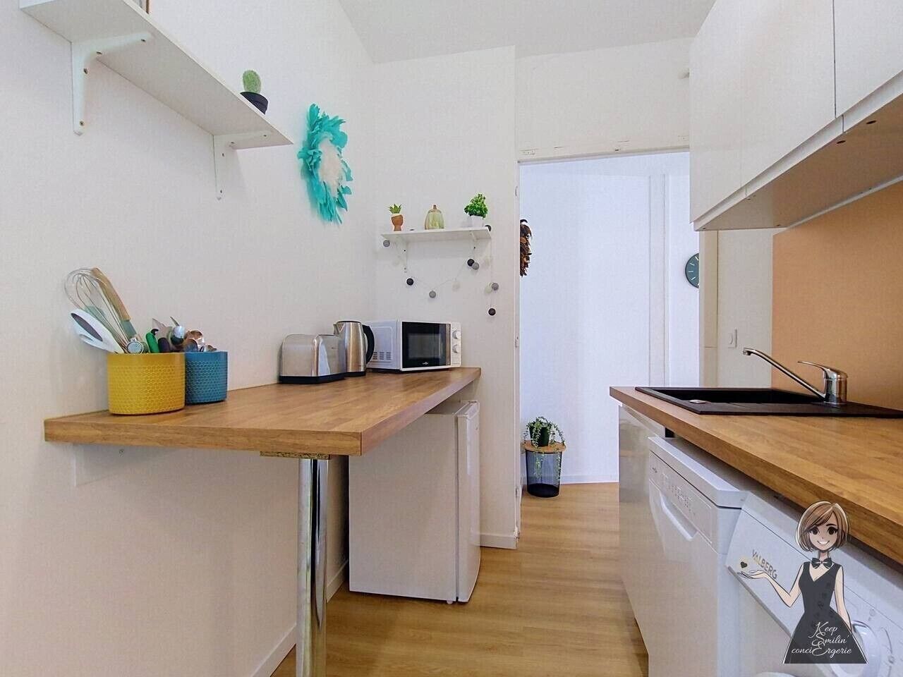 Eine kompakte Küche mit Mikrowelle, Toaster und Wasserkocher auf der Arbeitsfläche, einem kleinen Kühlschrank und einem Geschirrspüler. Zwei Regale zeigen dekorative Gegenstände und einen Blumentopf.
