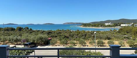 A coastal view with a clear sky, a beach, and a road leading to a building.