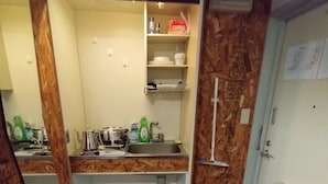 Cocina compacta con lavamanos, encimera y estantes para guardar.