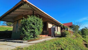 Une maison avec un toit en pente, une véranda et un jardin où poussent différentes espèces de plantes.