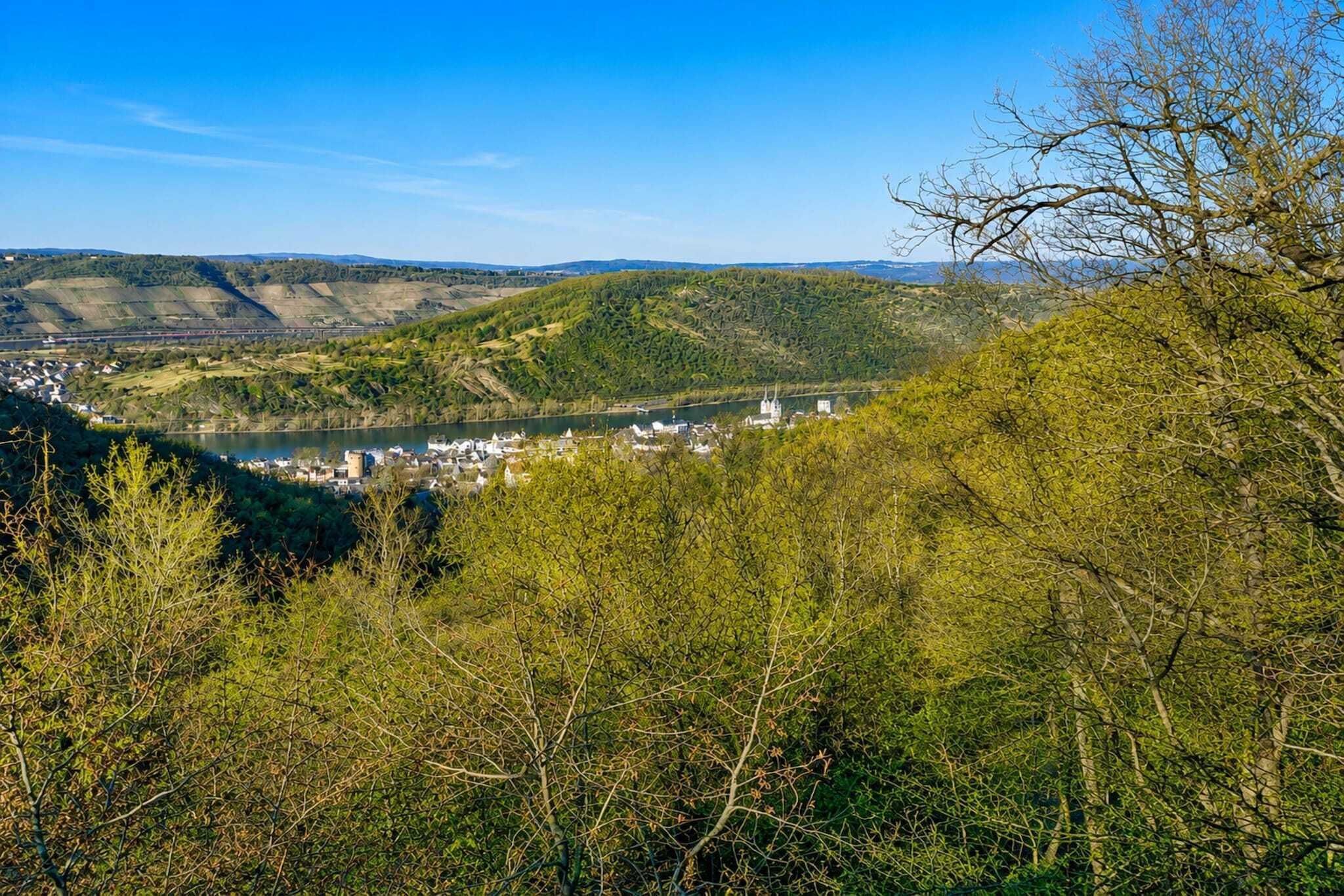 Eine Stadt liegt eingebettet in ein Tal, umgeben von Hügeln und viel Grün, mit einem Fluss.