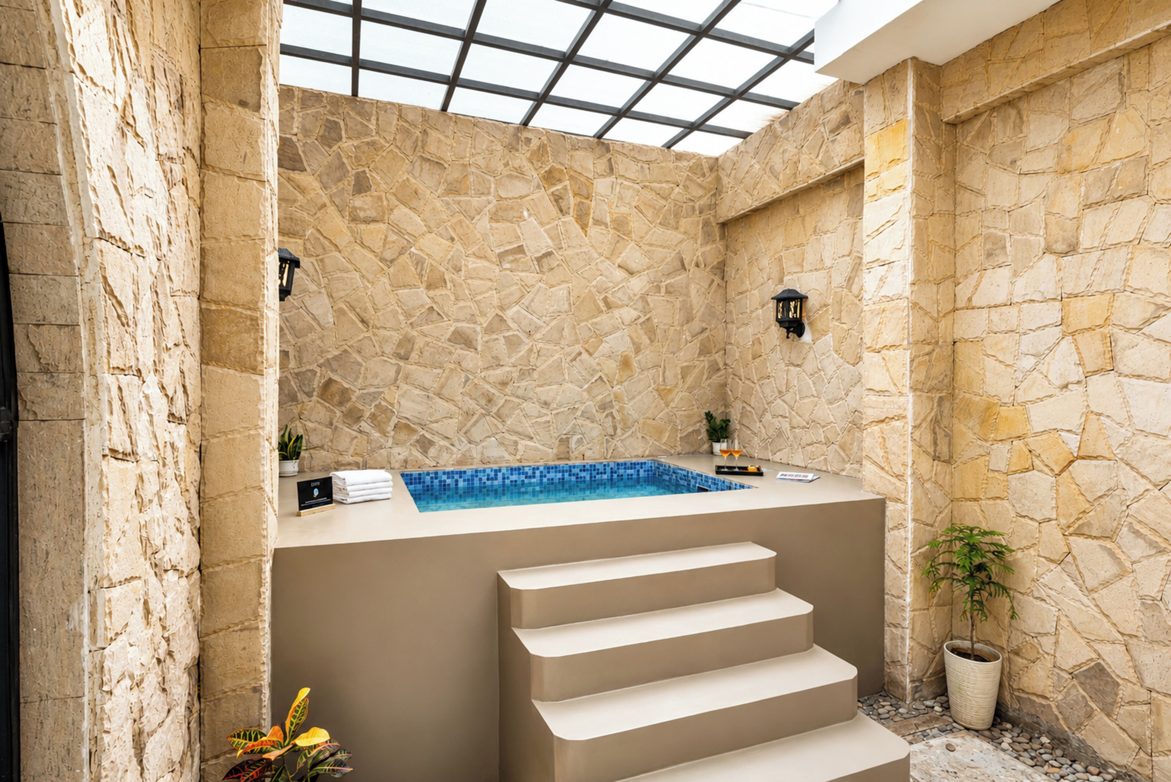 A stone-walled spa area with a hot tub, a small pool, and a set of stairs leading to a higher level.