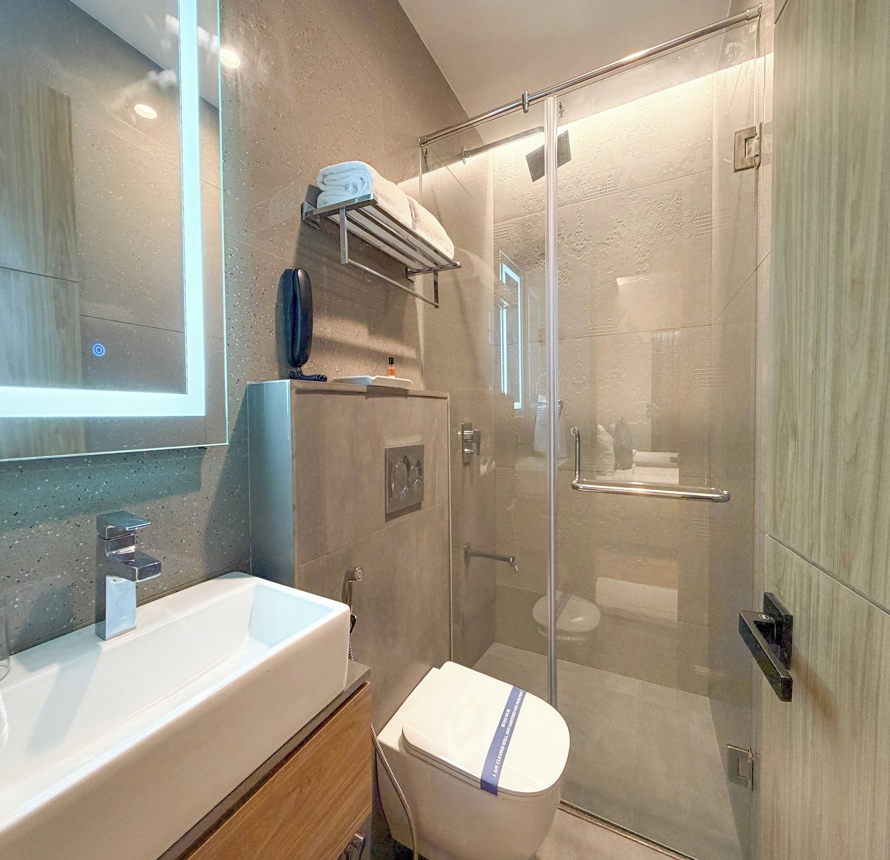 A modern bathroom with a glass-enclosed shower, a white sink, and a toilet with a blue stripe.