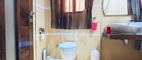 A bathroom with a toilet, sink, mirror, and window with curtains.