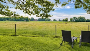 A grassy field with a wire fence, two chairs, and a table. - Lütt-Huus — for you & your four-legged friend (Blomberg)