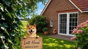 A dog holding a sign in front of a brick house with a red roof. - Lütt-Huus — for you & your four-legged friend (Blomberg)