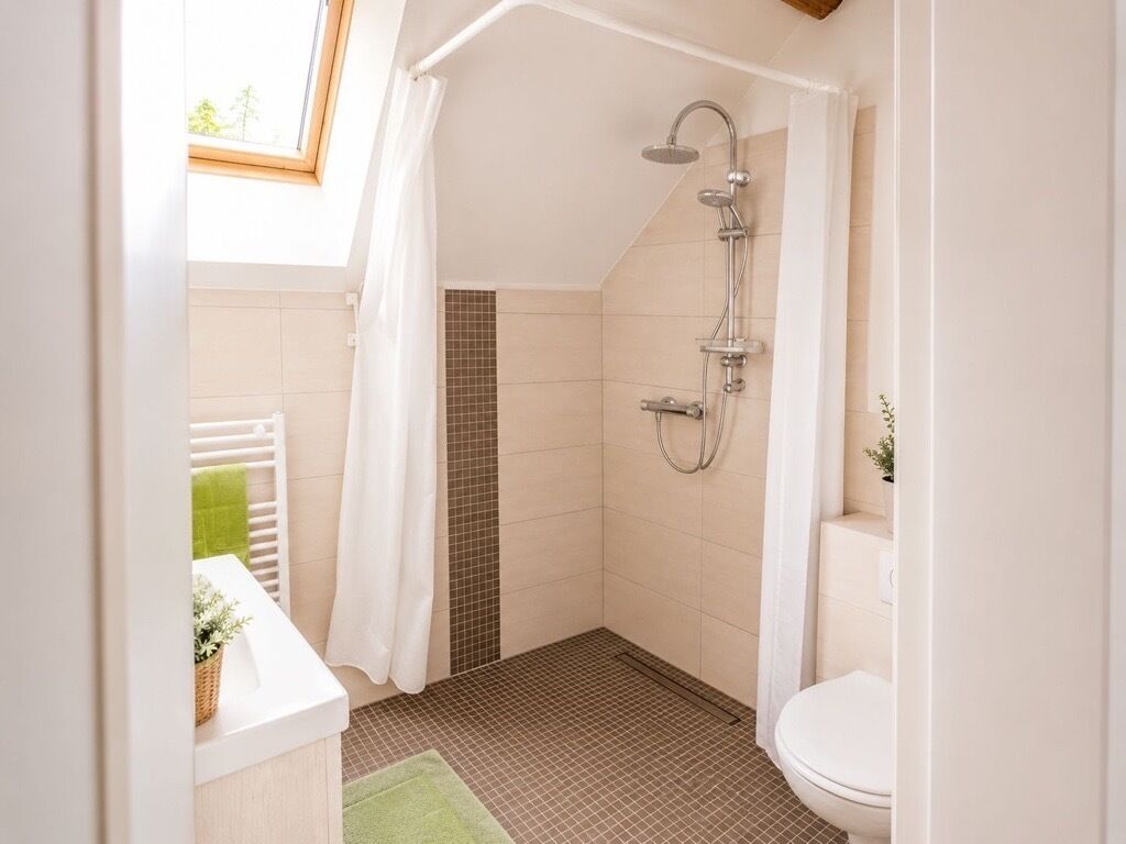 Ein kleiner, abgeschlossener Duschbereich mit Duschkopf und Bedienfeld, einer Toilette und einem Fenster mit Blick auf Bäume.