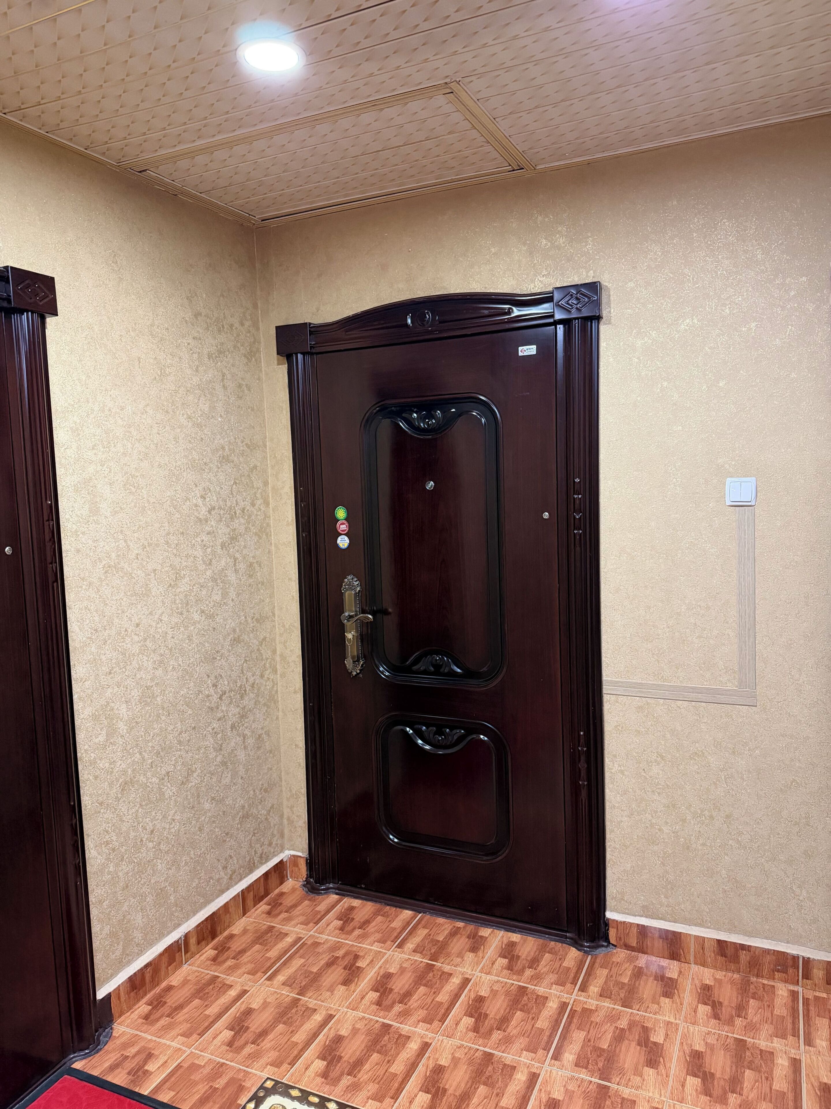 Una puerta de madera oscura con manija y cerradura, un interruptor de luz en la pared y un piso con diseño.