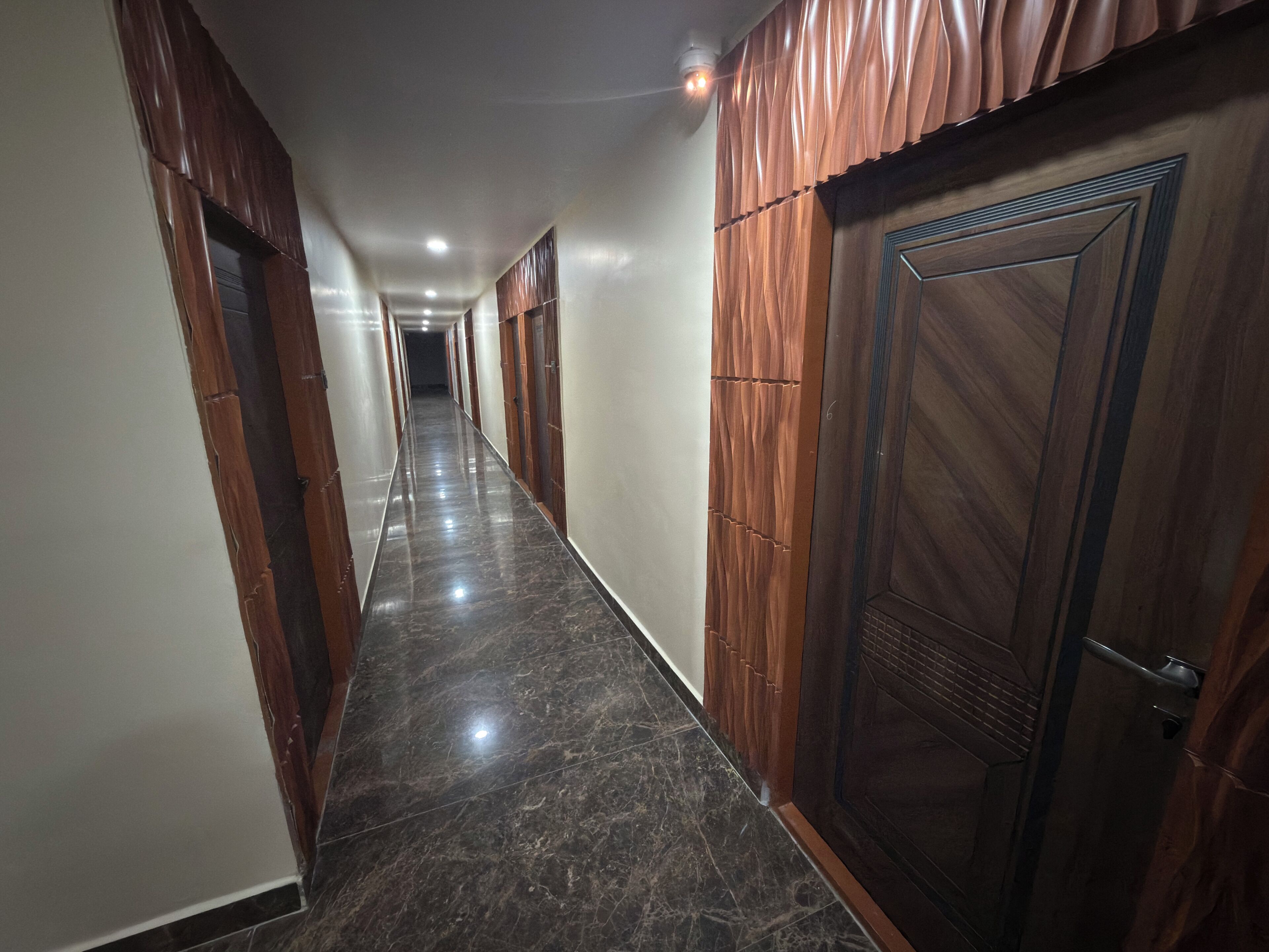 A corridor with wooden doors and a marble floor.