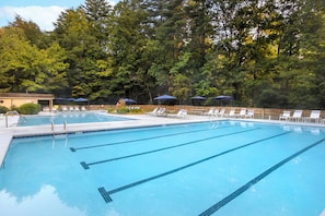 A swimming pool with multiple lanes, surrounded by lounge chairs and umbrellas, set against a backdrop of dense trees. - Mountain Mornings & Two King Suites | Sapphire NC (Sapphire)