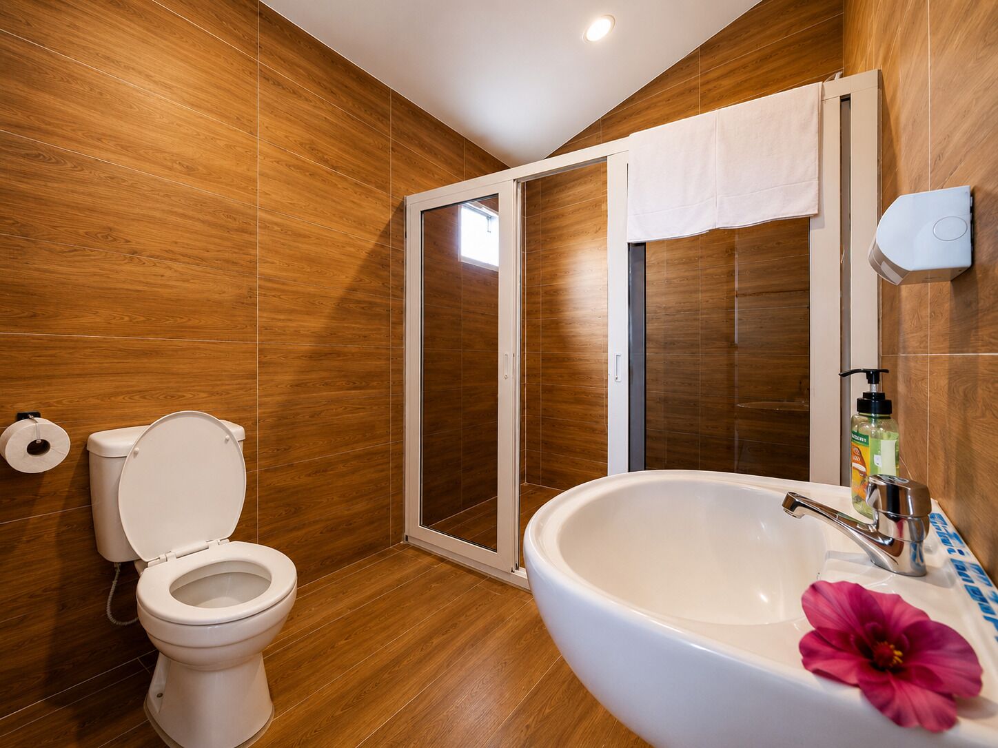 Serviettes fournies, savon, shampoing, papier toilette