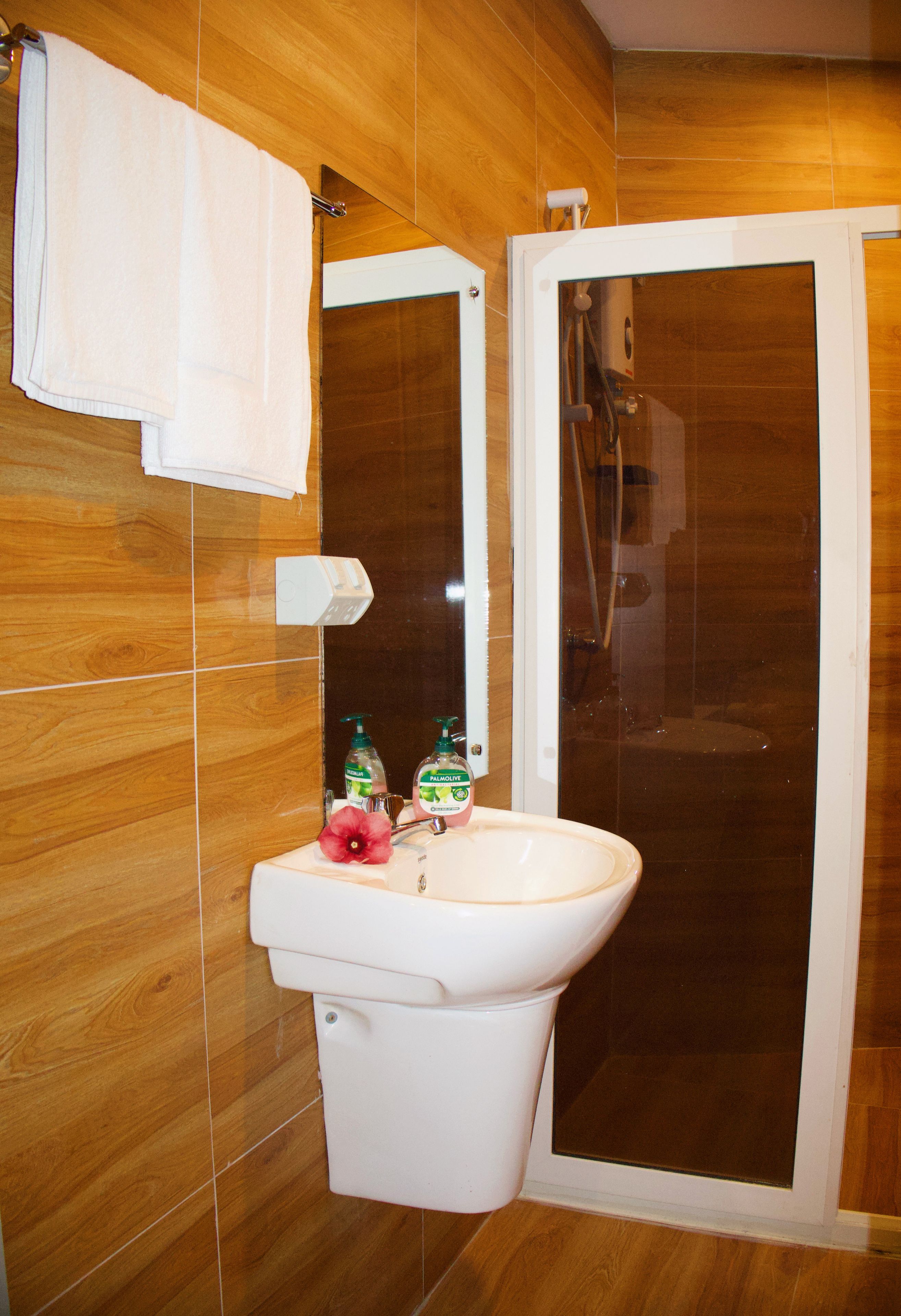 A bathroom with a white sink, two bottles of liquid soap, a mirror, and a shower enclosure.