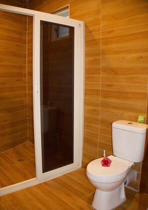 Un bagno con cabina doccia, un water e pavimento in legno.
