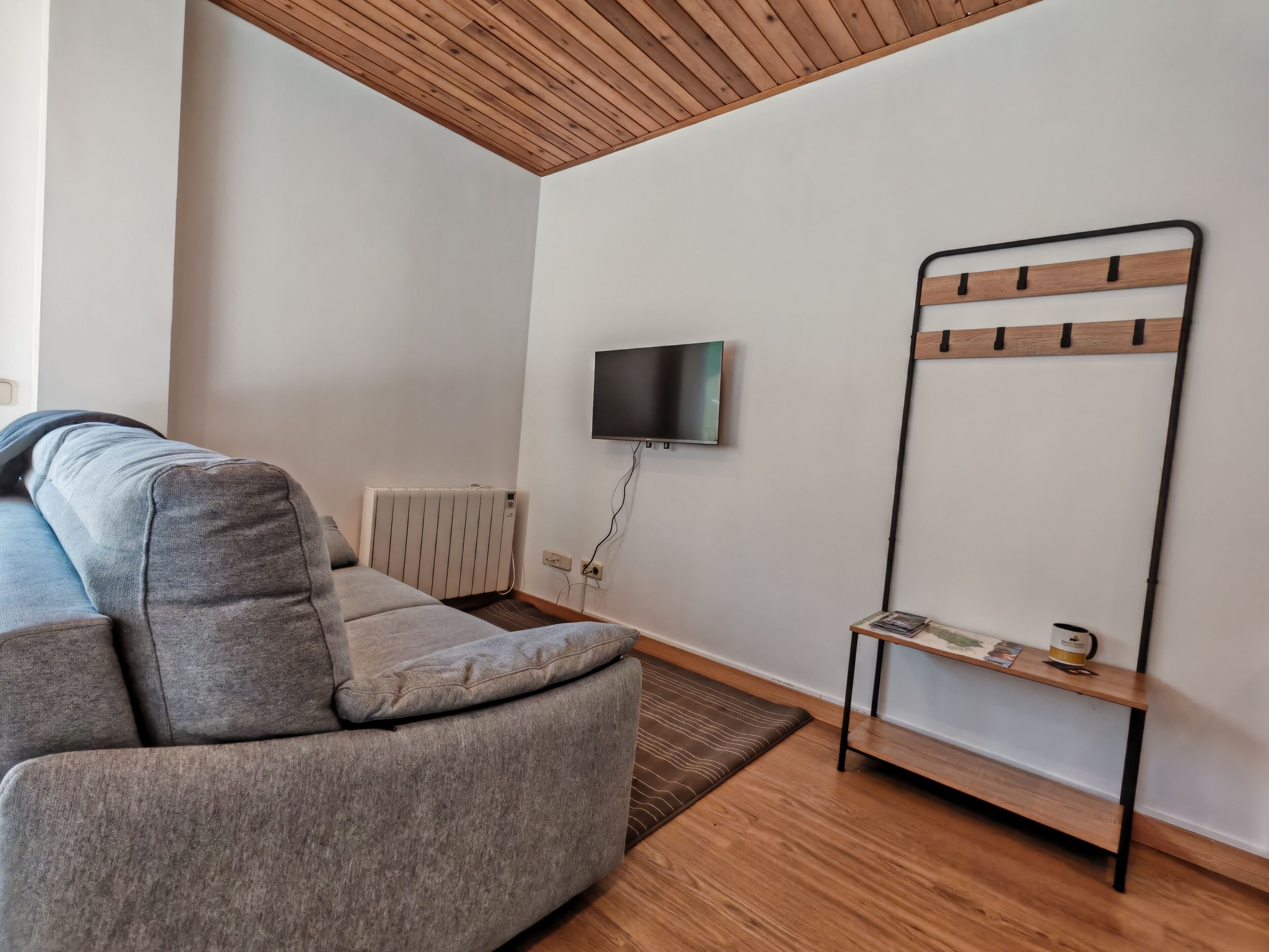 A modern living room with a grey sofa, a mounted TV, a wooden ceiling, and a radiator.