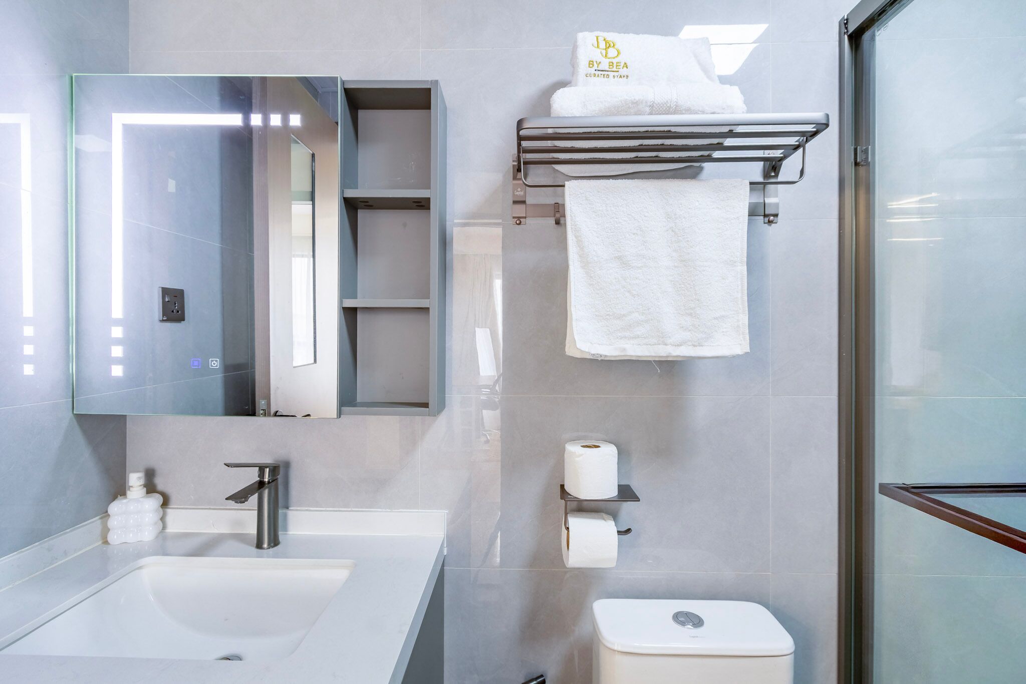 Bidet, towels, soap, toilet paper