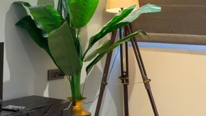 Una esquina de una habitación con una planta en maceta, una lámpara sobre un trípode y una ventana con persianas.