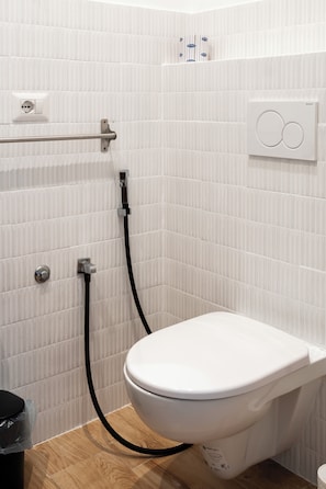 Hair dryer, bidet, towels, soap