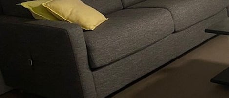 A dark-colored sofa with two yellow cushions.