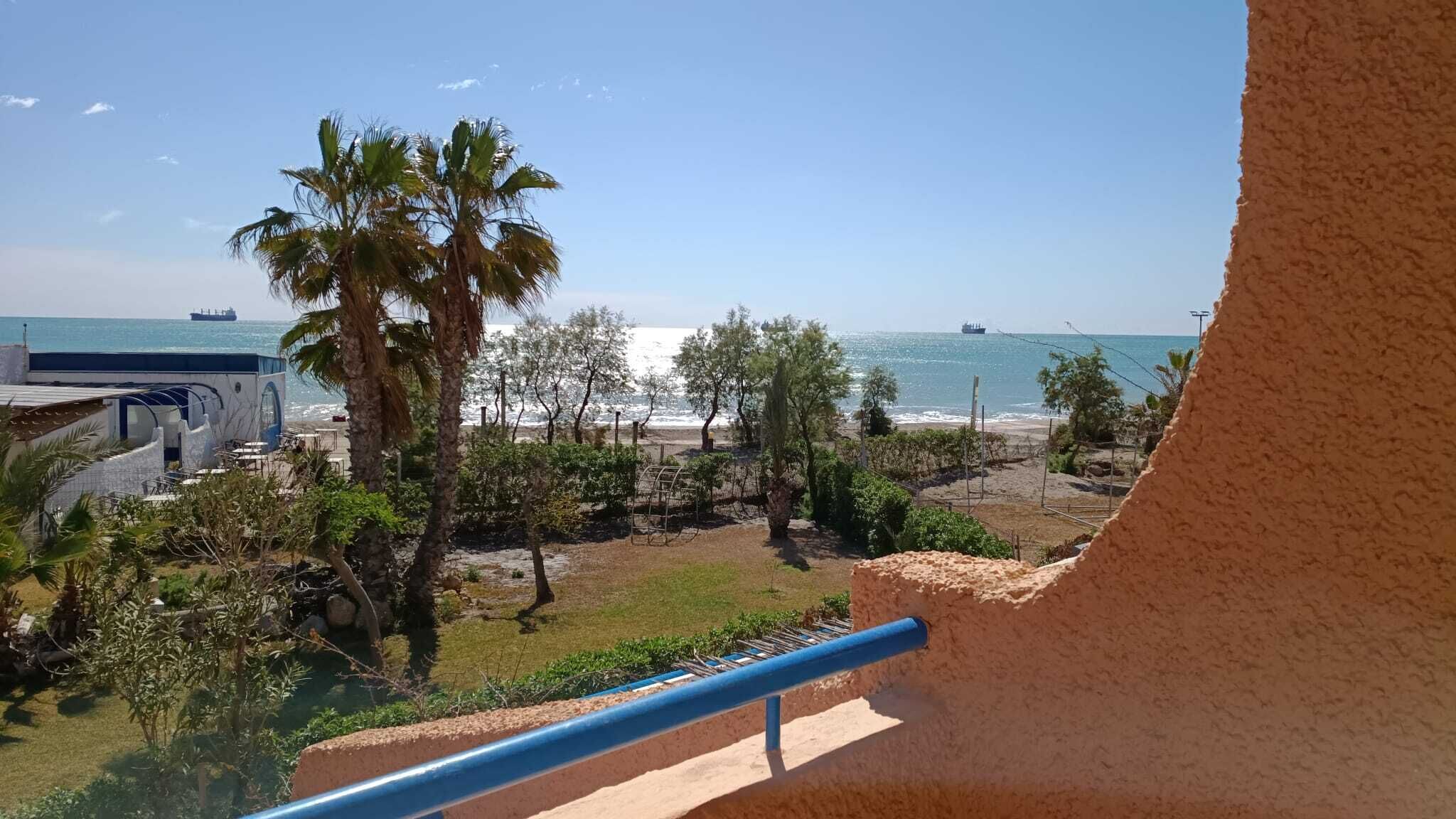 A coastal view with a balcony, palm trees, and a beach in the background.