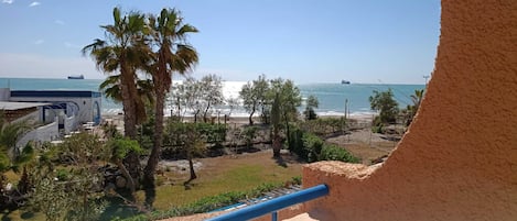 A coastal view with a balcony, palm trees, and a beach in the background.