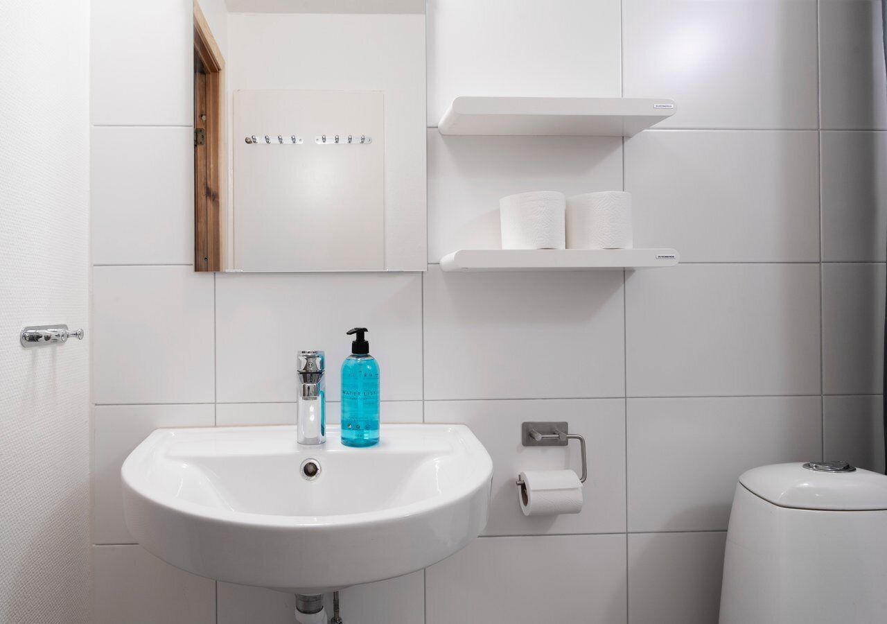 A bathroom with a white sink, a mirror, a toilet, and a shelf with a roll of toilet paper.