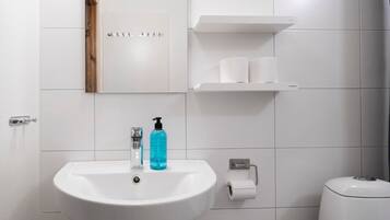 A bathroom with a white sink, a mirror, a toilet, and a shelf with a roll of toilet paper.