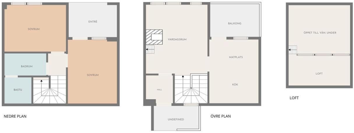 Tres planos de planta de un edificio con habitaciones identificadas, incluyendo sala de estar, cocina y dormitorios.