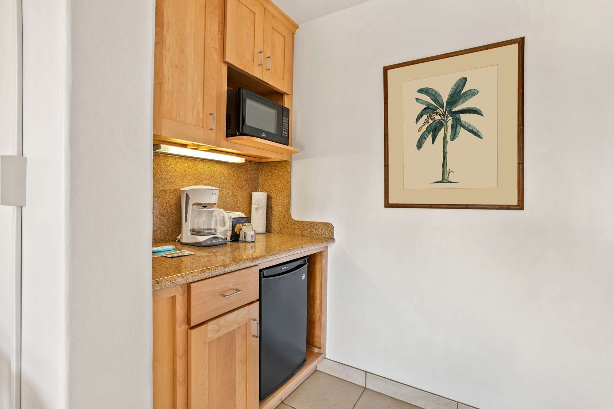 A compact kitchen with wooden cabinets, a microwave, a coffee maker, and a dishwasher.