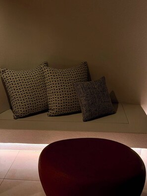 A seating area with a sofa and two patterned cushions.
