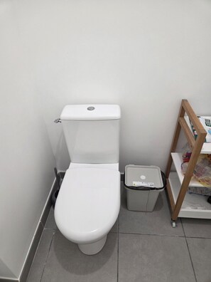 Des toilettes blanches classiques, avec un réservoir et un accessoire de type bidet, une petite poubelle et une étagère en bois contenant des sacs.