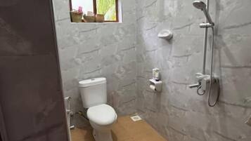 Un baño con inodoro, ducha y un pequeño ventanal con vistas.