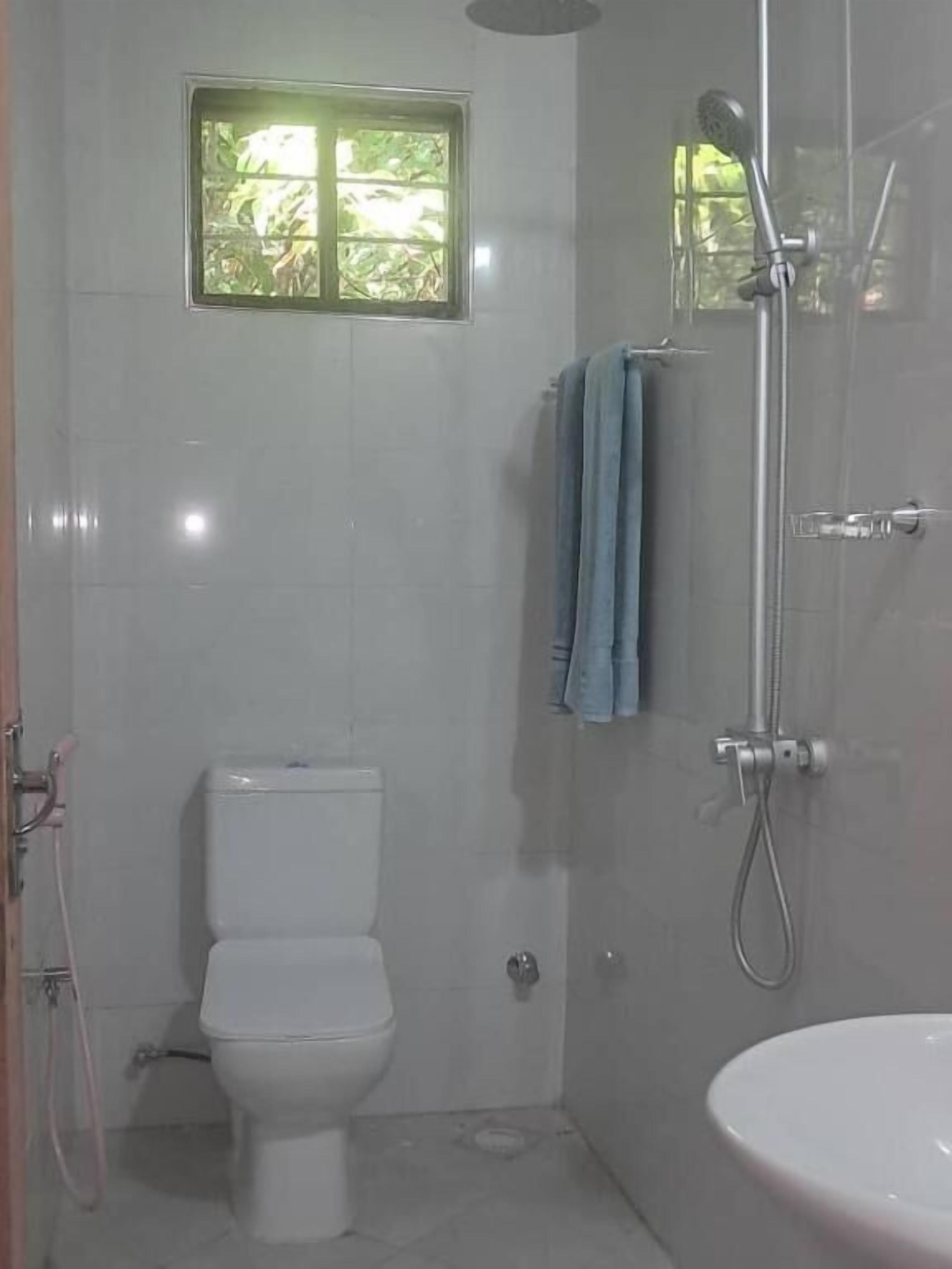 Une salle de bain avec des toilettes, une douche et un lavabo.