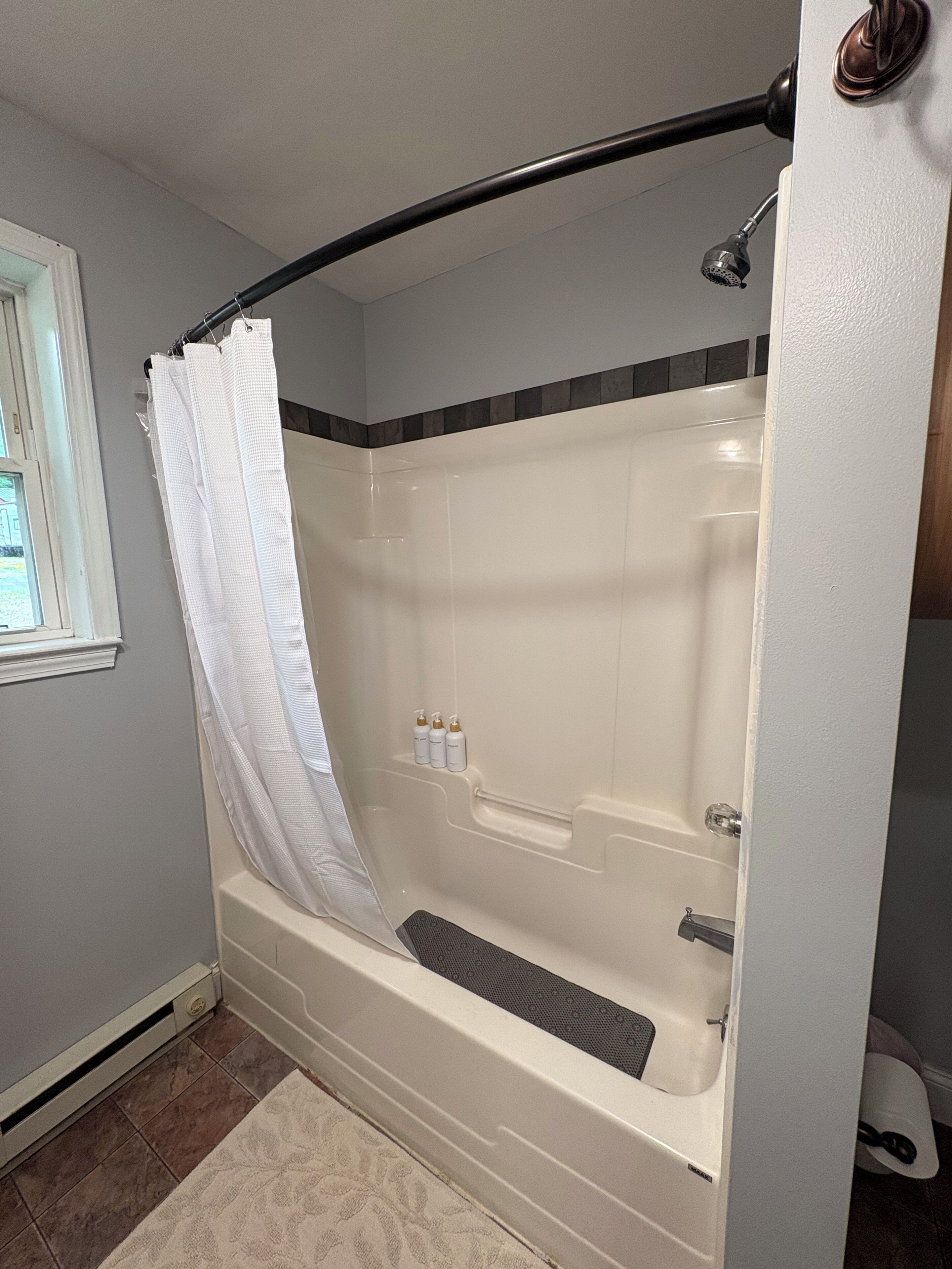 Hair dryer, towels, soap, toilet paper