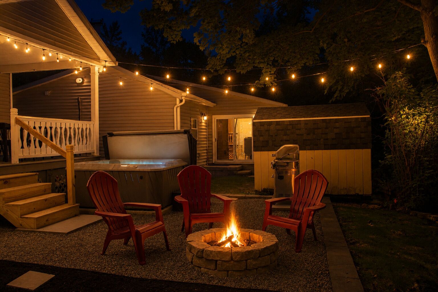 An outdoor patio area with a fire pit, seating, and string lights.