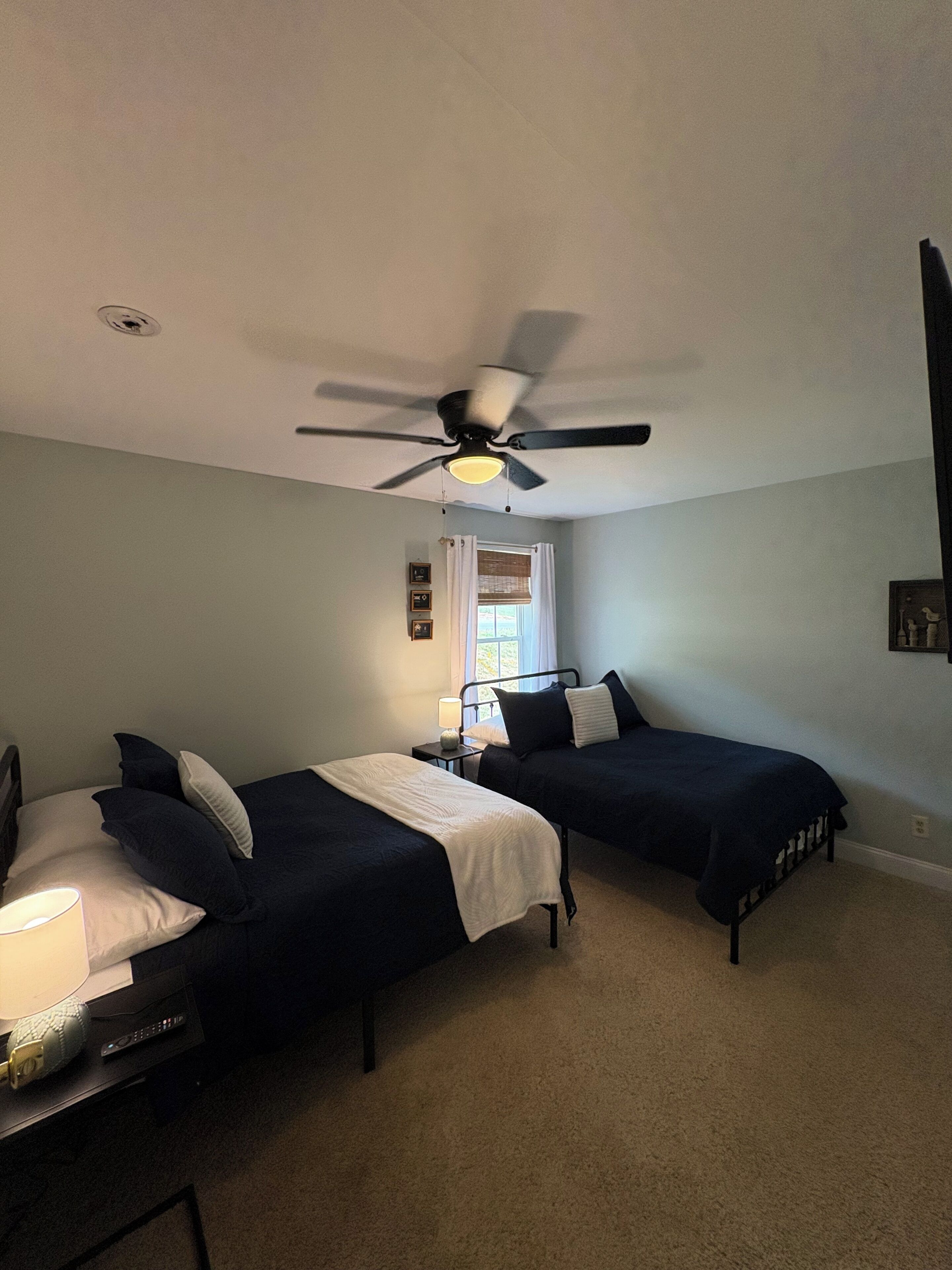A bedroom with two beds, a ceiling fan, a window with curtains, and a bedside table with a lamp.