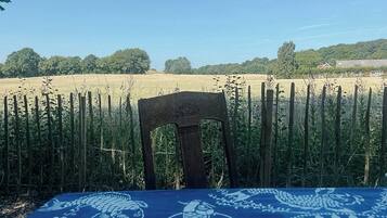 A table with a blue tablecloth featuring a white pattern, a wooden chair in front, and a view of a field with a fence and trees in the background.