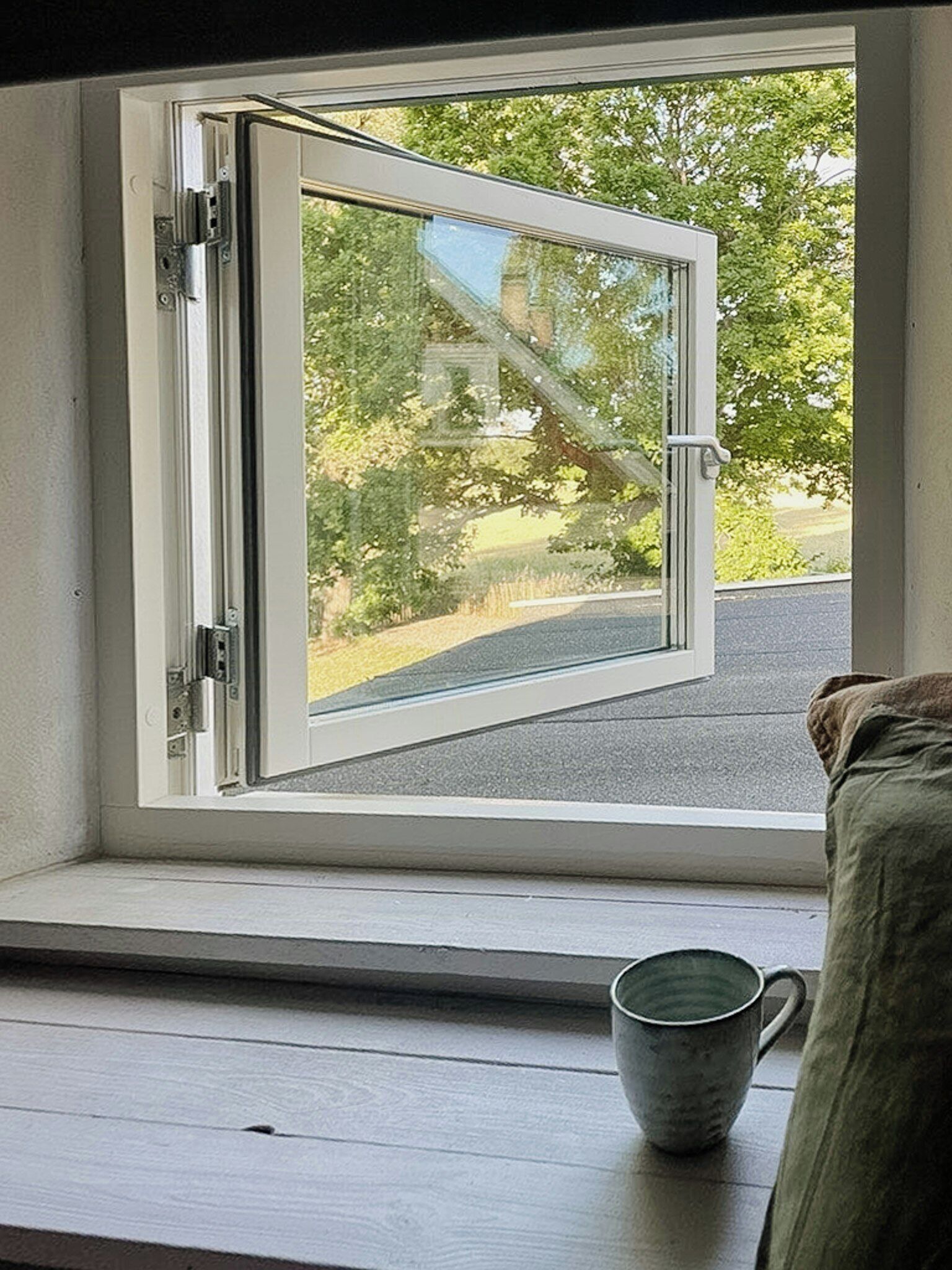 A window with a view of a road and greenery outside.