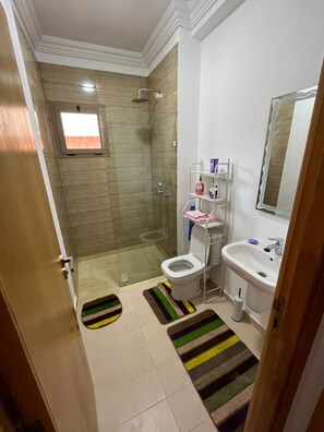 A bathroom with a shower, toilet, sink, and a mirror. - Charming Duplex in enchanting Marrakesh with cool AC (Marrakesh)