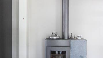 A modern wood-burning stove with a glass door, a chimney, and a marble accent.